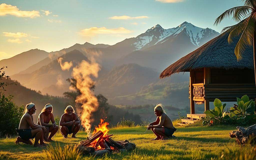 A serene scene of indigenous energy concepts amidst a lush, natural landscape. In the foreground, a group of tribal elders gathers around a sacred fire, engaging in a ritual to harness the power of the elements. Wisps of smoke drift upwards, mingling with the golden rays of the setting sun. In the middle ground, a traditional wooden structure stands, its intricate carvings and thatched roof reflecting the ingenuity of these ancient cultures. In the background, a majestic mountain range rises, its snow-capped peaks casting long shadows over the verdant valley below. The atmosphere is one of reverence, balance, and a deep connection to the natural world. A lens with a wide aperture captures the scene, blurring the edges to emphasize the focal points and create a sense of depth and tranquility.
