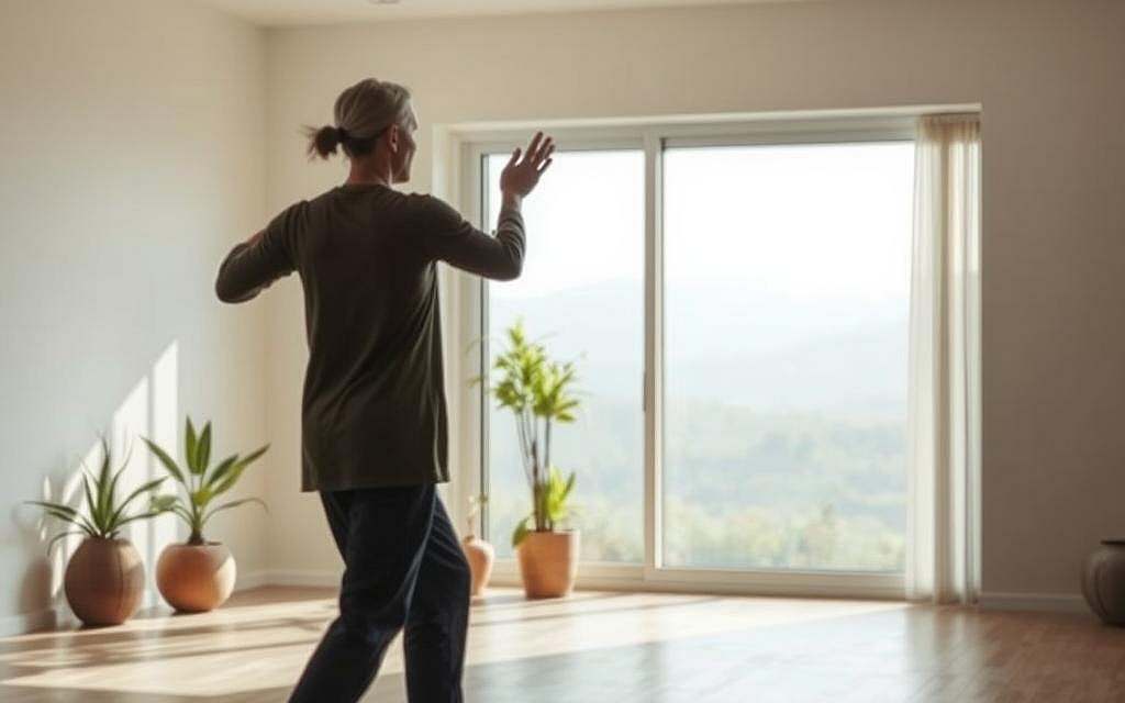 A serene, softly lit indoor scene depicting a person practicing gentle Qigong exercises. The foreground shows a person in a flowing motion, their body in a graceful, balanced stance, palms facing outward. The middle ground contains a minimalist, zen-inspired interior with natural elements like plants and natural wood accents. The background is a tranquil, muted landscape view through a large window, hinting at a peaceful outdoor setting. The lighting is soft and diffuse, creating a calming, meditative atmosphere. The overall composition conveys a sense of mindfulness, relaxation, and integration of Qigong practice into everyday life.