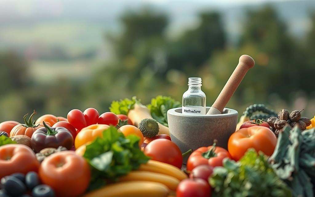 A serene, softly-lit natural scene depicting the intersection of methadone and nutrition within the realm of complementary medicine. In the foreground, an arrangement of fresh, organic produce - vibrant fruits and vegetables bursting with color and vitality. In the middle ground, a glass bottle of methadone stands alongside a mortar and pestle, symbolizing the integration of modern medicinal practices with holistic healing. The background features a soothing, out-of-focus landscape, perhaps a lush garden or a tranquil countryside, conveying a sense of balance and harmony. The overall mood is one of contemplation, inviting the viewer to consider the delicate interplay between pharmacology and nutrition in the pursuit of wholistic wellness.