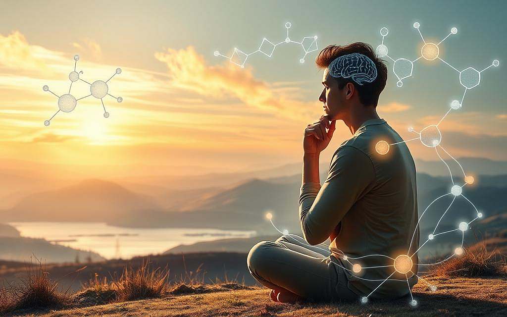 A serene, softly lit scene depicting the psychological and neurological applications of N-Acetylcystein (NAC). In the foreground, a thoughtful person sits cross-legged, hand on chin, deep in contemplation. Glowing molecules and neural pathways swirl around them, representing the cognitive and neurological processes affected by NAC. The middle ground features a soothing, natural landscape - rolling hills, a tranquil lake, and a gentle breeze. In the background, a warm, golden light filters through wispy clouds, creating an atmosphere of introspection and well-being. The overall composition suggests the calming, restorative power of NAC in psychological and neurological domains.