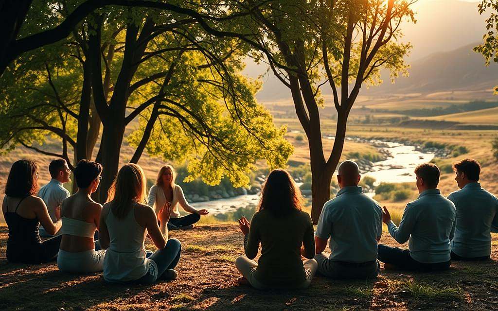 A serene spiritual community gathering in a tranquil natural setting. In the foreground, a group of individuals seated in a circle, hands joined, eyes closed in deep meditation. Warm, soft lighting filters through the canopy of lush, verdant trees in the middle ground. In the background, a gently flowing stream and rolling hills, evoking a sense of harmony and connection with the natural world. An atmosphere of profound contemplation and collective consciousness permeates the scene, reflecting the unity and self-awareness of the group.