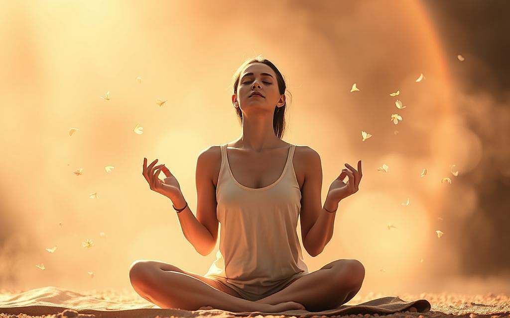 A serene, spiritually-charged scene of a woman in deep meditation, surrounded by a halo of warm light and ethereal energy. She sits cross-legged, eyes closed, hands in a mudra, deeply immersed in her inner journey of Tantra-inspired self-love and transformation. Delicate flower petals drift through the air, adding to the tranquil, mystical atmosphere. Soft shadows and highlights accentuate the woman's peaceful expression and the glow of her aura. A sense of profound inner calm and connection to the divine permeates the composition.