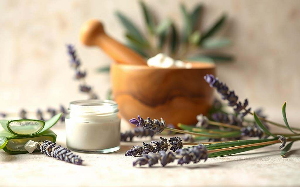 A serene still life capturing the essence of natural skin care. In the foreground, an array of botanical ingredients - soothing aloe vera leaves, fragrant lavender sprigs, and a jar of rich, creamy moisturizer. The middle ground features a wooden mortar and pestle, used to grind and blend these pure, potent elements. Soft, diffused lighting casts a warm, earthy glow, accentuating the natural textures and hues. In the background, a simple backdrop of neutral tones allows the organic centerpiece to take center stage, conveying a sense of simplicity, purity, and the restorative power of nature-based skincare. The overall mood is one of tranquility, wellness, and a holistic approach to vibrant, glowing skin.
