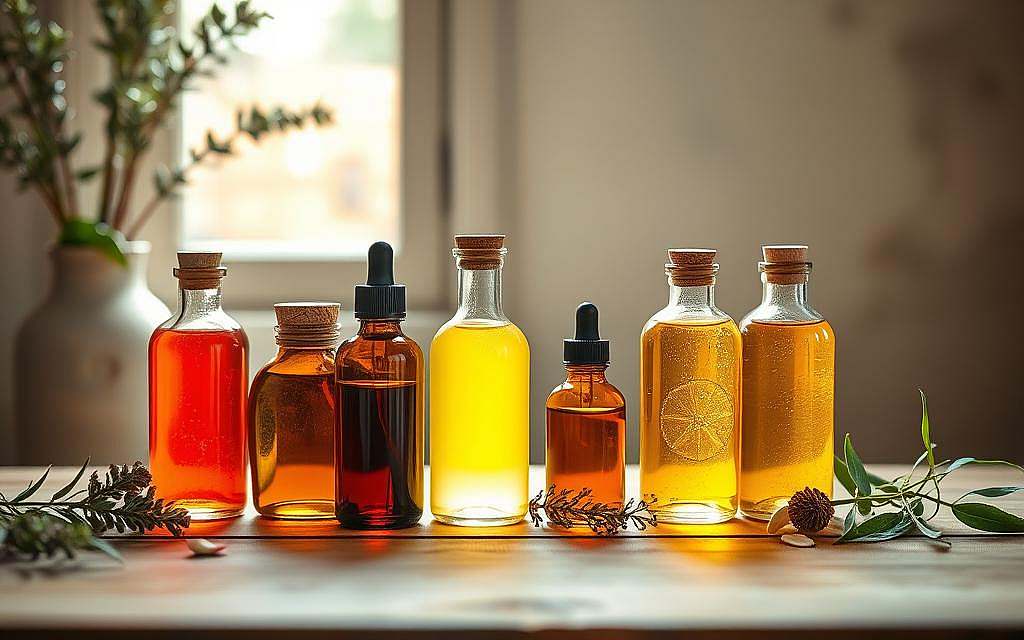 A serene still life composition featuring a collection of organic, hand-crafted glass bottles filled with vibrant, aromatic essential oils. The bottles are positioned on a wooden table, their shapes and colors accented by soft, warm lighting from a nearby window. The background is a muted, earthy palette, allowing the oils to take center stage. Hints of greenery and natural elements, such as dried herbs or flower petals, add a sense of harmony and balance to the scene. The overall mood is one of tranquility, wellness, and the restorative power of nature's botanical wonders.