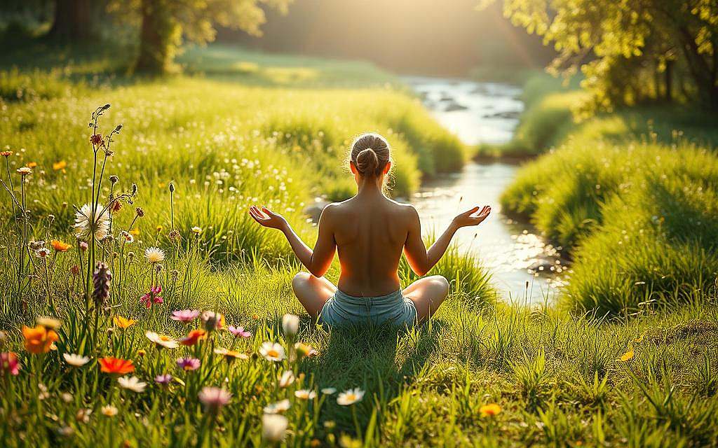 A serene, sun-dappled meadow, dotted with vibrant wildflowers and verdant grasses. In the foreground, a holistic practitioner sits cross-legged, hands outstretched in a gesture of healing. The middle ground reveals a diverse array of complementary therapies - from acupuncture needles to herbal remedies, all infused with a sense of harmony and balance. In the background, a gently flowing stream reflects the natural world, symbolizing the salutogenic approach to wellness. Soft, diffused lighting casts a warm, welcoming glow, evoking a sense of calm and rejuvenation. The overall composition captures the essence of complementary medicine's role in the salutogenic context - a holistic, nature-based approach to promoting health and well-being.