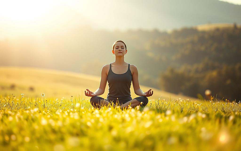 A serene, sun-dappled meadow, where a solitary figure sits in a lotus position, eyes closed in deep contemplation. Soft, diffused light bathes the scene, creating a sense of tranquility and inner focus. The figure's expression is one of calm introspection, their hands resting gently in their lap. In the background, rolling hills and a distant forest frame the scene, lending a sense of connection to the natural world. The overall atmosphere evokes a state of heightened awareness and self-discovery, inviting the viewer to cultivate their own sense of mindfulness and self-understanding.