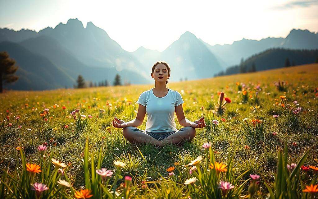 A serene, sun-dappled meadow with lush, verdant grass and vibrant wildflowers, their petals gently swaying in a soft breeze. In the center, a person sitting cross-legged, their eyes closed in deep meditation, their expression one of profound inner peace. Surrounding them, ethereal wisps of energy and light emanate, creating an aura of spiritual transcendence. In the background, a range of rugged, snow-capped mountains stands tall, their peaks piercing the horizon, symbolizing the expansive nature of the divine. Soft, diffused lighting bathes the scene, imbuing it with a sense of tranquility and wonder. The entire composition conveys a harmonious balance between the physical and the metaphysical, the individual and the universal.