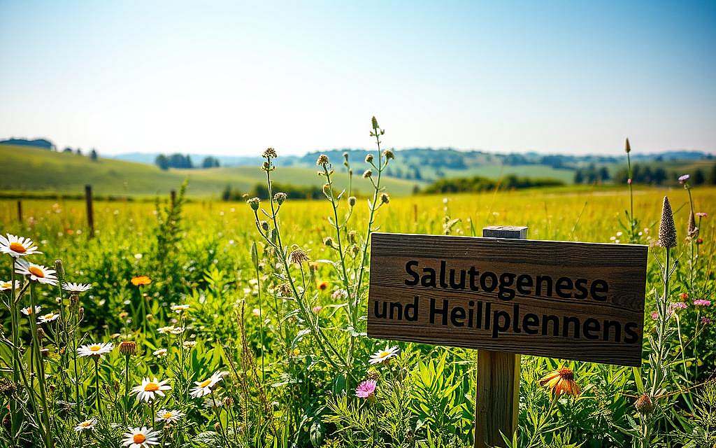 A serene, sun-dappled meadow with lush, vibrant greenery and an array of healing herbs and wildflowers. Chamomile, echinacea, and other medicinal plants sway gently in the breeze, their delicate petals and leaves reflecting the warm, golden light. In the foreground, a wooden sign stands, its weathered surface bearing the words "Salutogenese und Heilpflanzen" - a testament to the restorative power of nature. The background features a rolling, pastoral landscape, with distant hills and a cloudless azure sky, creating a sense of tranquility and harmony. The overall scene conveys the importance of self-healing and the nurturing embrace of the natural world.