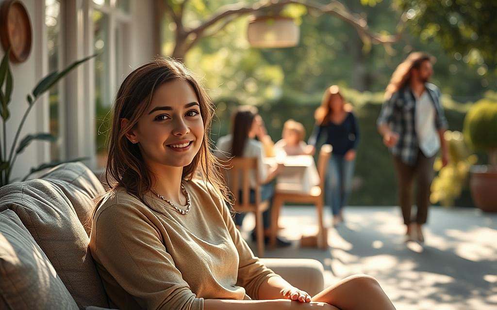 A serene, sun-dappled scene depicting the daily manifestations of attachment patterns. In the foreground, a young woman sits comfortably, radiating a sense of security and trust. Her body language is open, her gaze calm and content. In the middle ground, a family gathers around a dining table, their interactions marked by warmth and closeness. In the background, a couple walks hand-in-hand, their movements synchronized and in harmony. Soft, diffused lighting casts a gentle, introspective mood, inviting the viewer to observe the nuanced ways in which attachment shapes our everyday experiences and relationships. Crisp, detailed rendering using a high-resolution lens captures the subtle emotional textures of this insightful psychological narrative.