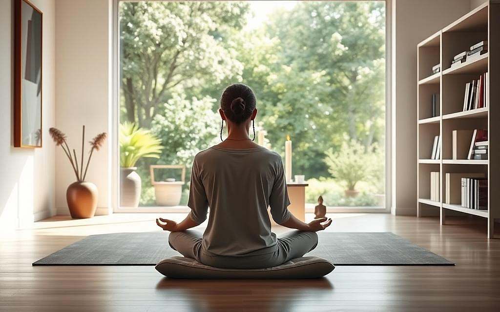 A serene, sunlit meditation space in a contemporary Western setting. In the foreground, a person sits cross-legged on a minimalist meditation cushion, eyes closed in deep contemplation. The middle ground features a simple altar with a single candle, a mala, and a small statue of Buddha. The background showcases a blend of natural and modern elements - a large window overlooking a lush, verdant garden, and a sleek, minimalist bookshelf displaying spiritual texts. The lighting is soft and diffused, creating a sense of tranquility and inner focus. The overall atmosphere conveys a harmonious integration of Eastern contemplative traditions within a Western context.