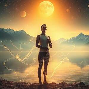 A serene, surreal landscape illuminated by a warm, ethereal light. In the foreground, a figure stands in a meditative pose, their eyes closed in deep contemplation. Wispy, translucent tendrils emanate from their body, intertwining with the surrounding environment. The middle ground features a crystalline lake, its still surface reflecting the glowing celestial bodies overhead. In the distant background, a range of towering, snow-capped mountains rise up, their peaks piercing the veil of mist. The scene evokes a sense of introspection, healing, and the integration of forgotten memories.