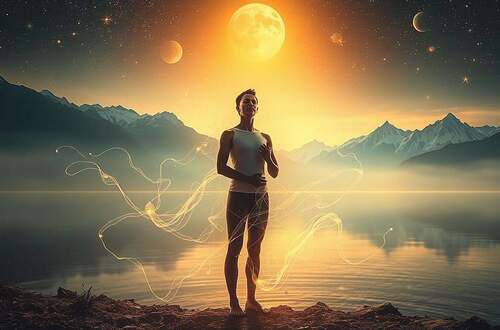 A serene, surreal landscape illuminated by a warm, ethereal light. In the foreground, a figure stands in a meditative pose, their eyes closed in deep contemplation. Wispy, translucent tendrils emanate from their body, intertwining with the surrounding environment. The middle ground features a crystalline lake, its still surface reflecting the glowing celestial bodies overhead. In the distant background, a range of towering, snow-capped mountains rise up, their peaks piercing the veil of mist. The scene evokes a sense of introspection, healing, and the integration of forgotten memories.