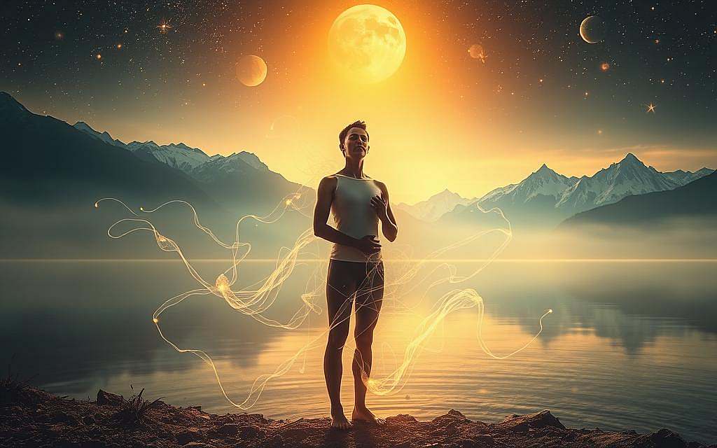 A serene, surreal landscape illuminated by a warm, ethereal light. In the foreground, a figure stands in a meditative pose, their eyes closed in deep contemplation. Wispy, translucent tendrils emanate from their body, intertwining with the surrounding environment. The middle ground features a crystalline lake, its still surface reflecting the glowing celestial bodies overhead. In the distant background, a range of towering, snow-capped mountains rise up, their peaks piercing the veil of mist. The scene evokes a sense of introspection, healing, and the integration of forgotten memories.