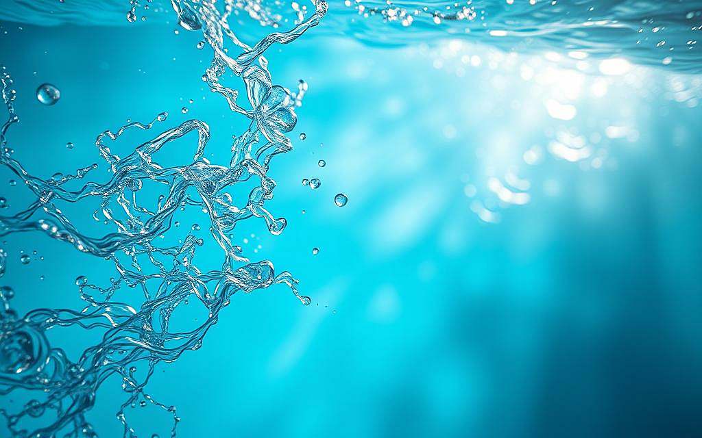 A serene underwater scene depicting the intricate structure and dynamic flow of water. The foreground showcases the translucent, swirling patterns of water molecules, their delicate dance captured in exquisite detail. The middle ground reveals the subtle interplay of light and shadow, casting a mesmerizing glow throughout the liquid medium. In the background, a sense of depth is achieved through the gradual fading of the watery environment, suggesting the vastness and interconnectedness of this vital element of life. The overall composition conveys a sense of tranquility, inviting the viewer to contemplate the hidden energies and life-sustaining properties of water.