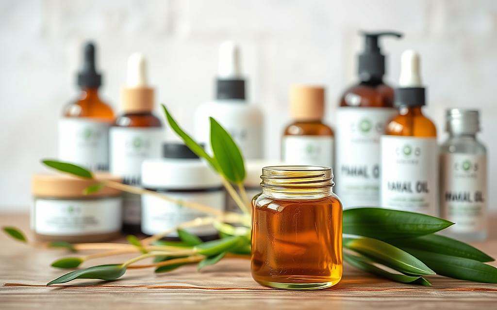 A serene, well-lit close-up of natural skincare products thoughtfully arranged on a wooden surface. In the foreground, a glass jar of organic facial oil, its amber contents glowing warmly. Surrounding it, an assortment of botanical-based creams, serums, and cleansers in minimalist, earthy-toned packaging. The middle ground features vibrant, leafy plant stems, their verdant hues suggesting the natural origins of the products. The background softly blurs, highlighting the simplicity and purity of the natural skincare regimen. The overall mood is one of tranquility, effectiveness, and a gentle, holistic approach to managing chronic skin concerns.