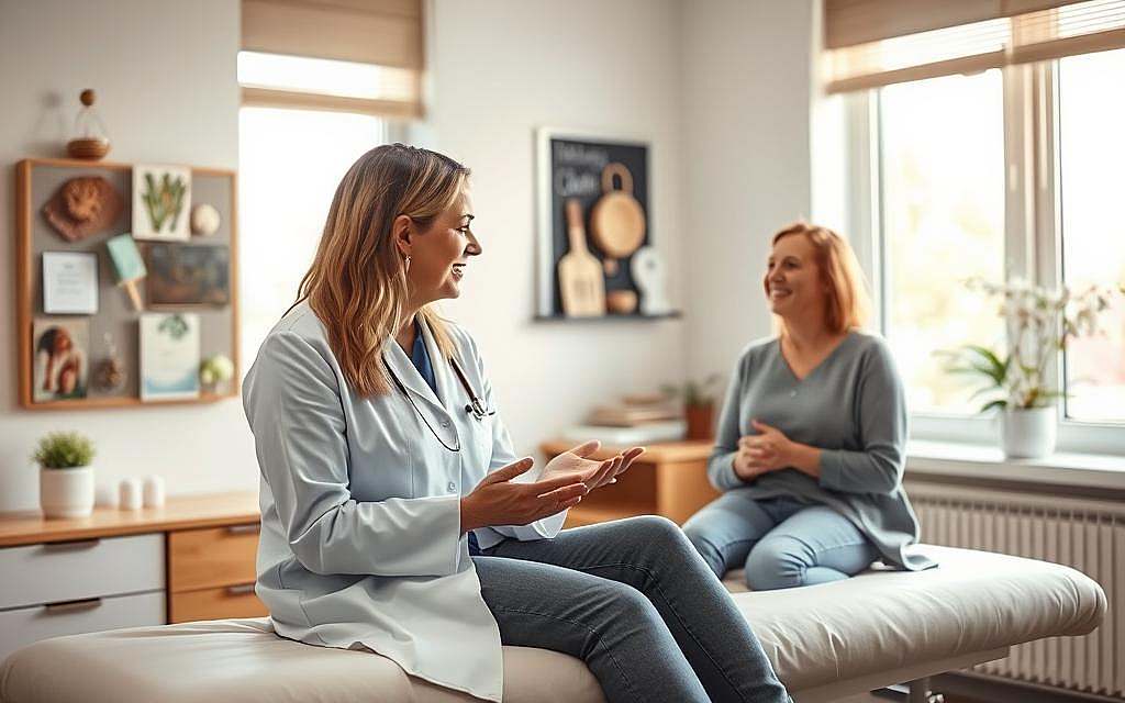 A serene, well-lit medical office setting, with a patient on an examination table, discussing methadone treatment with a compassionate physician. The patient's expression conveys a sense of hope and relief, as the doctor listens intently, offering guidance and support. In the background, a wall-mounted display showcases alternative therapies, hinting at the patient's holistic approach to pain management. Soft natural lighting filters through large windows, creating a calming, inviting atmosphere. The scene captures the collaborative, patient-centered nature of this complementary medicine approach.