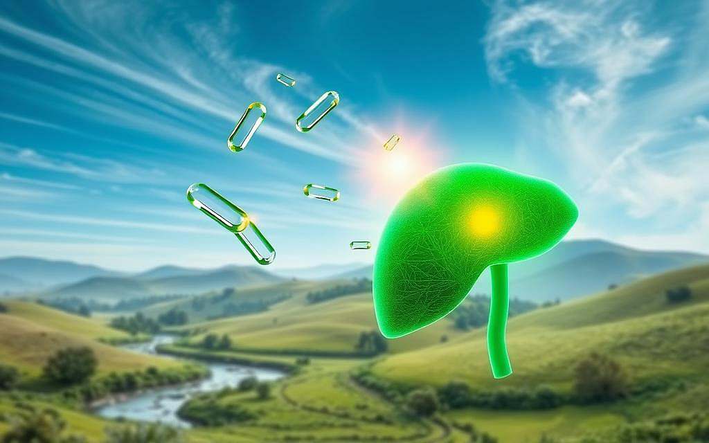 A serene, well-lit scene depicting the power of N-Acetylcysteine (NAC) to support liver health and detoxification. In the foreground, a vibrant green liver glows with vitality, surrounded by a halo of warm light. Floating alongside are translucent capsules of NAC, their molecular structure visible. The middle ground features a soothing, natural landscape, with rolling hills, lush vegetation, and a peaceful stream. In the background, a clear blue sky with wispy clouds creates a calming, restorative atmosphere. The composition conveys the harmony between nature, the human body, and the therapeutic benefits of this powerful antioxidant supplement.