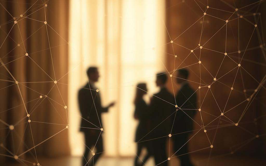 A softly lit, serene scene showcasing the interconnected nature of interpersonal bonds. In the foreground, a delicate web of intertwining lines and shapes, representing the intricate web of human relationships. The middle ground features a group of people, their silhouettes subtly blended together, conveying a sense of unity and togetherness. In the background, a warm, muted color palette, with hints of natural textures, such as wood or stone, creating a calming, contemplative atmosphere. The composition is balanced and harmonious, inviting the viewer to reflect on the importance of attachment and the profound impact it has on our personal and social well-being.
