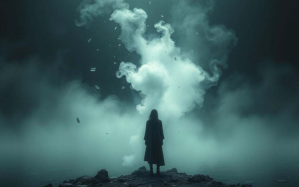 A solitary figure standing amidst a fractured, dreamlike landscape, their face obscured by swirling mist. Shards of memory and emotion drift through the air, casting a somber, ethereal glow. Muted colors and heavy shadows convey a sense of psychological weight and unresolved trauma. The scene is captured through a soft, cinematic lens, emphasizing the introspective and personal nature of the subject's inner experience. Minimal details, allowing the emotional resonance and evocative atmosphere to take center stage.