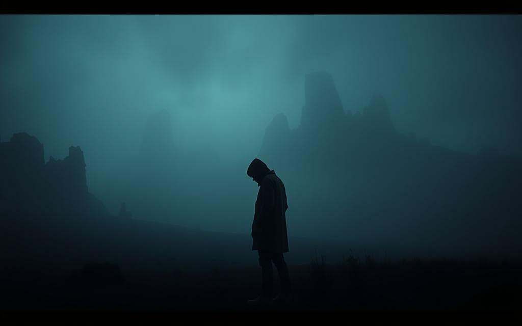 A somber, introspective scene capturing the essence of "Geworfenheit und Sorge" - the fundamental human conditions of being "thrown into" existence and the anxious concern that arises from it. In the dimly lit foreground, a lone figure stands hunched, their face obscured, embodying the weight of Dasein's thrownness. The middle ground is shrouded in a hazy, dreamlike atmosphere, suggesting the uncertain, elusive nature of being. In the distant background, a landscape of jagged, ominous shapes looms, evoking the ungraspable, overwhelming aspects of the human experience. Soft, cool tones and muted lighting instill a sense of melancholy and the unsettling awareness of one's own finitude. Cinematically framed, with a focus on the central figure, the image aims to capture the profound existential themes of Heidegger's philosophy.