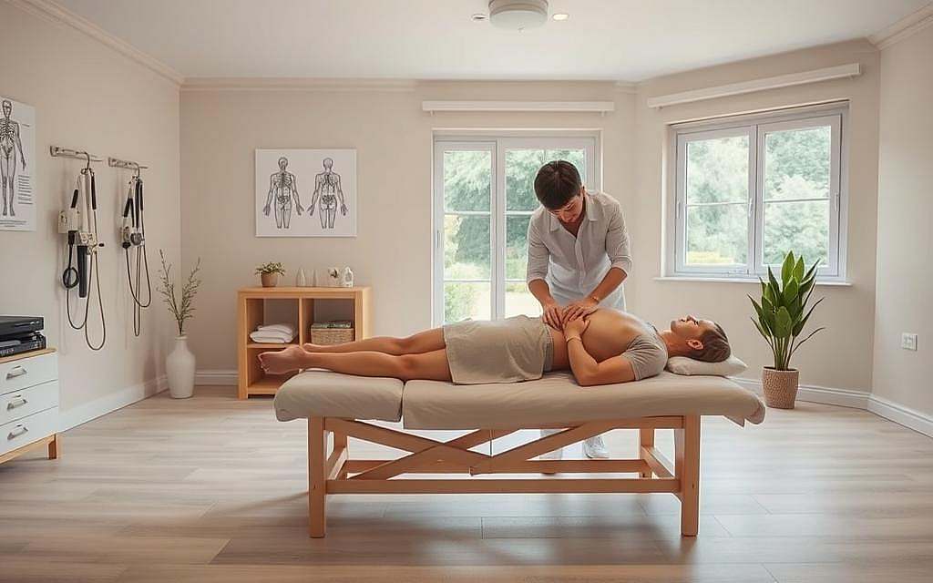 A spacious osteopathy treatment room with soothing neutral tones. In the foreground, a patient lies on a padded treatment table, their body gently cradled as an osteopath's skilled hands make adjustments along the spine. Soft, diffused lighting bathes the scene, creating a calming, therapeutic atmosphere. The middle ground features medical instruments and anatomical diagrams on the walls, conveying the scientific expertise of the practice. In the background, a large window overlooks a tranquil garden, reinforcing the holistic, natural approach of osteopathic care. The overall composition evokes a sense of harmony, trust, and the therapeutic journey of an osteopathic treatment.