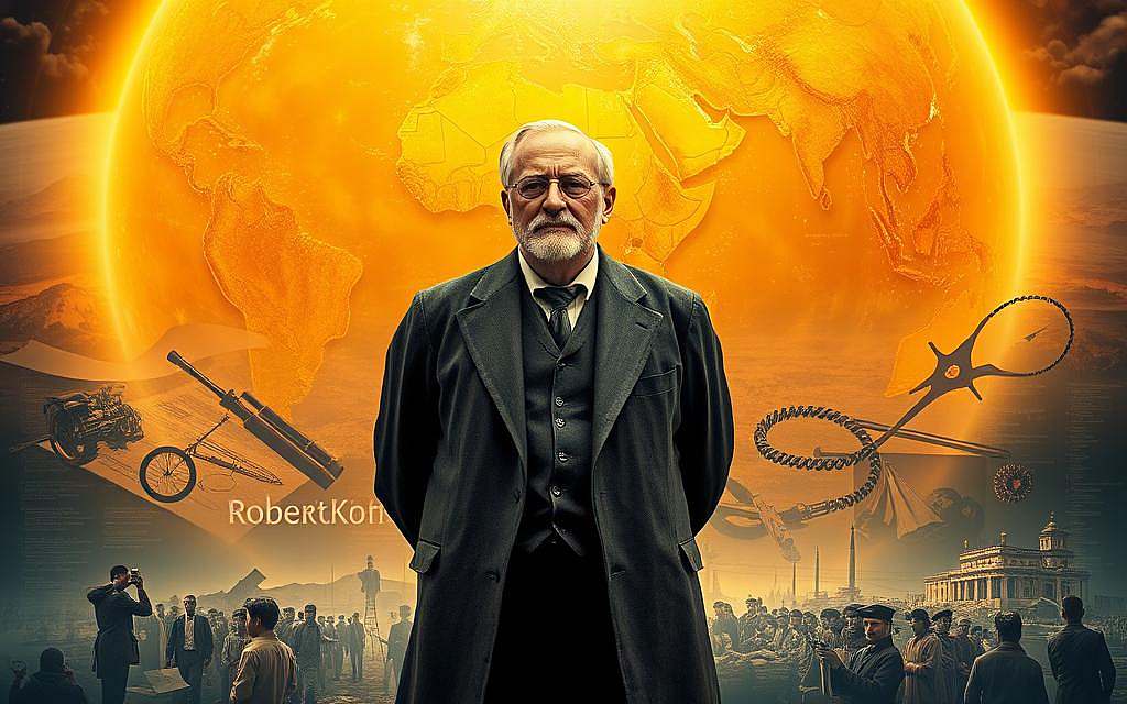 A sprawling globe dominates the frame, illuminated by a warm, golden light. In the foreground, a bespectacled man - Robert Koch - stands with a contemplative gaze, his hands clasped behind his back. The mid-ground features various scientific instruments and documents, hinting at the breadth of his groundbreaking research. In the background, a montage of diverse landscapes and populations suggest the global reach and impact of Koch's work, from remote villages to bustling cities. The scene conveys a sense of discovery, innovation, and the far-reaching implications of Koch's pioneering contributions to the field of bacteriology and modern medicine.