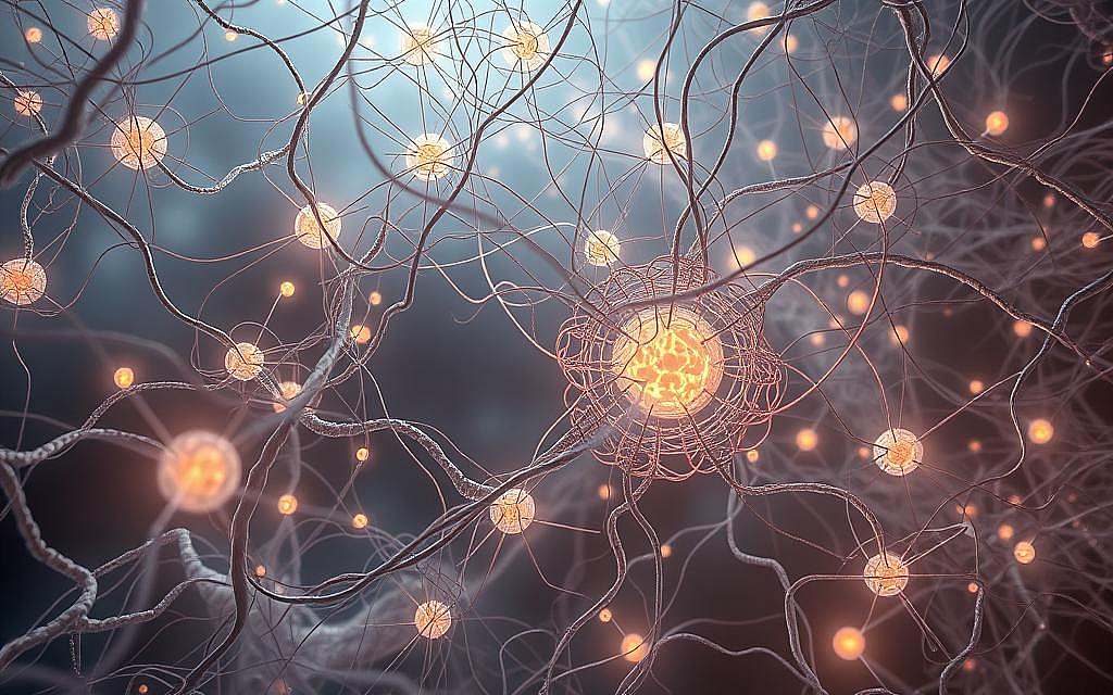 A sprawling interconnected network of cellular tendrils, pulsing with a subtle collective intelligence. Intricate patterns of organic filaments weave through a luminous, almost ethereal landscape. Glowing nodes of activity dot the scene, radiating an aura of coordinated, emergent cognition. Soft, diffuse lighting caresses the delicate filigree, lending an almost mystical quality to the scene. The camera angle is slightly elevated, allowing the viewer to peer down into this captivating, alien realm of tissue-level consciousness. An atmosphere of quiet wonder and curiosity pervades the image, inviting the observer to ponder the profound implications of this cellular entanglement.