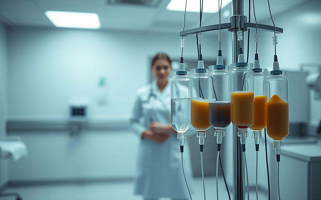 A sterile, clinical scene of a hospital room, with a focus on an intravenous (IV) drip stand in the foreground. The stand holds multiple bags of clear fluid, suggesting various nutrient infusions. The room is bright and well-lit, with a subtle gray-blue color palette and a sense of order and professionalism. In the middle ground, a nurse in a crisp, white uniform carefully monitors the IV setup, ensuring the proper administration of the nutrients. The background is slightly blurred, hinting at the larger hospital environment, but the emphasis remains on the safety and precision of the nutrient infusion process. The overall mood is one of medical expertise, patient care, and attention to detail.