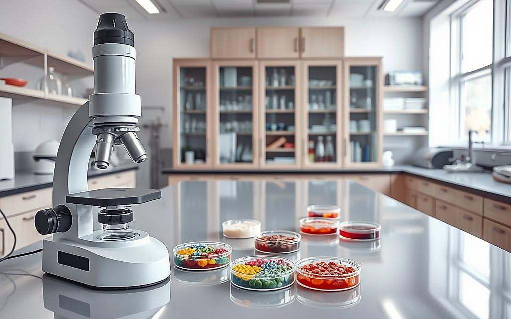 A sterile, well-lit laboratory interior with polished benchtops and state-of-the-art scientific equipment. In the foreground, a microscope stands prominently, its lens revealing the intricate structures of bacterial cells. In the middle ground, Petri dishes filled with colorful microbial cultures dot the workspace, while the background showcases a large, imposing cabinet filled with neatly organized glassware and reference materials. The scene conveys a sense of scientific rigor, precision, and the pursuit of knowledge, capturing the essence of the pioneering work in bacteriology.