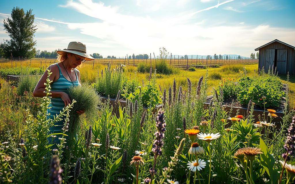 A sun-dappled meadow, lush with verdant herbs and wildflowers. In the foreground, a farmer carefully harvests delicate sprigs of fragrant sage, thyme, and lavender, her movements graceful and unhurried. The middle ground reveals rows of raised garden beds, where the vibrant leaves of echinacea, chamomile, and ginkgo biloba sway gently in the breeze. In the distance, a weathered wooden shed stands as a testament to the sustainable practices that have nurtured this bountiful medicinal garden for generations. Soft, natural lighting filters through wispy clouds, casting a warm, contemplative glow over the scene. The overall atmosphere conveys a sense of harmony, reverence, and a deep connection to the rhythms of the natural world.