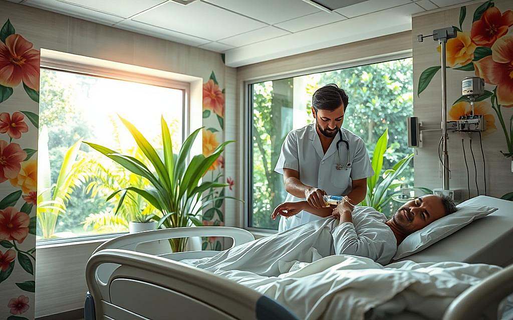 A sun-drenched hospital room, the walls adorned with vibrant floral murals. In the foreground, a patient lies on a modern medical bed, an intravenous drip connected to their arm. The midground features a nurse carefully adjusting the IV, their expression one of focused attention. In the background, a large window overlooking a lush, verdant garden, the sunlight filtering through the glass, casting a warm, healing glow throughout the scene. The mood is one of tranquility and wellness, the combination of traditional and modern medical treatments working in harmony to promote the patient's recovery.