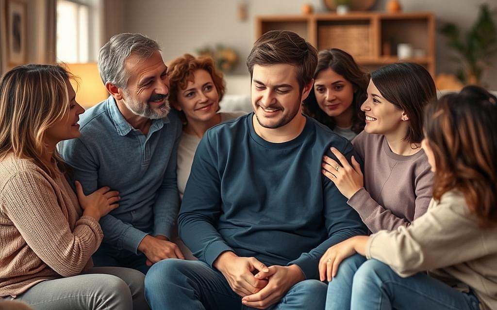 A supportive community gathered around a person struggling with bipolar disorder, conveying understanding and compassion. The scene depicts a warm, inviting living room setting, with soft lighting and neutral tones creating a sense of comfort and safety. In the foreground, the individual is surrounded by loved ones offering emotional support, their expressions empathetic and attentive. In the middle ground, a small group engages in open discussion, illustrating the importance of open communication and sharing experiences. The background suggests a cozy, domestic environment, further reinforcing the idea of a secure, nurturing space for healing and growth.