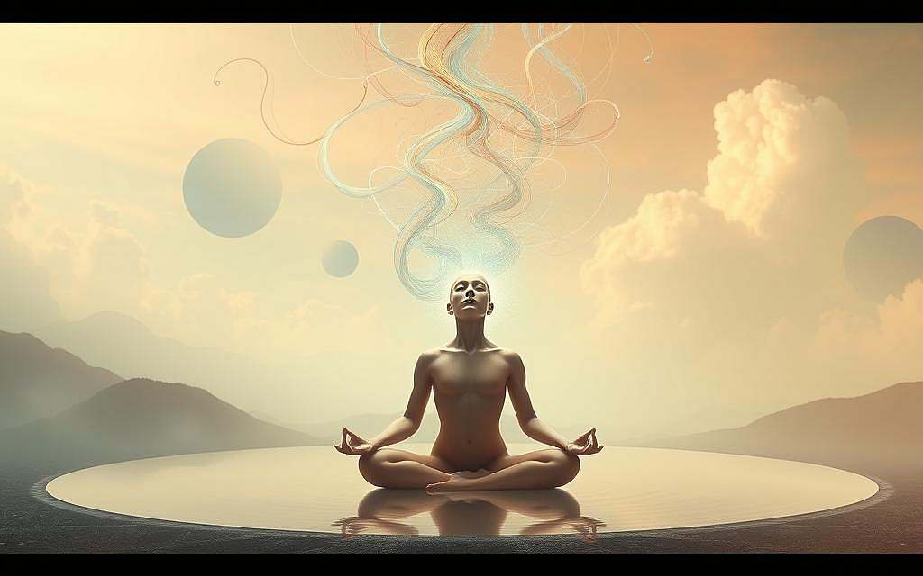 A surreal and ethereal landscape, bathed in a soft, diffused light. In the foreground, a human figure, eyes closed, appears to be in a meditative state, their aura radiating an energy that transcends the physical realm. Wisps of energy, manifested as colorful swirls and tendrils, flow around the figure, suggesting the interconnectedness of the physical and the metaphysical. The middle ground features a tranquil, reflective pool, mirroring the figure and the ethereal energies above. In the background, a dreamlike skyscape with nebulous shapes and shifting hues, hinting at the boundless nature of perception and consciousness. The overall scene evokes a sense of serenity, introspection, and the mystical aspects of human experience.
