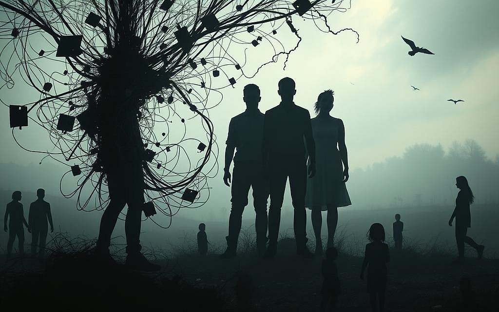 A surreal and evocative scene depicting the complex interplay of "psychiatric comorbidities". In the foreground, a swirling vortex of disjointed shapes and figures, representing the tangled web of mental health conditions. The middle ground features shadowy, faceless silhouettes, symbolizing the human experience of navigating these challenges. In the background, a hazy, dreamlike landscape with muted colors and soft, diffused lighting, conveying the sense of introspection and the search for understanding. The overall composition evokes a sense of unease, but also a glimmer of hope, as the viewer is drawn into the intricate and often hidden world of mental health.