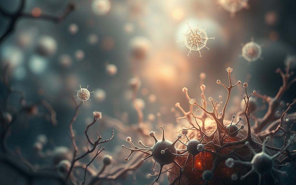 A surreal cellular landscape, where ghostly traces of past traumas linger within the cellular memory. Amidst a dreamlike, subtly glowing background, intricate networks of cells and tissue emerge, their boundaries blurred and their structures intertwined. Faint wisps of energy and emotion emanate from these cellular structures, suggesting the profound ways in which our physical bodies hold the echoes of our experiences. The scene is illuminated by a soft, ethereal light, casting a contemplative, almost mystical atmosphere. Delicate, almost translucent cellular forms float and drift, hinting at the hidden depths and resilience of the body's internal processes. This image captures the essence of "Zellgedächtnis und Traumaspuren" - the cellular memory and the traces of trauma that reside within us.