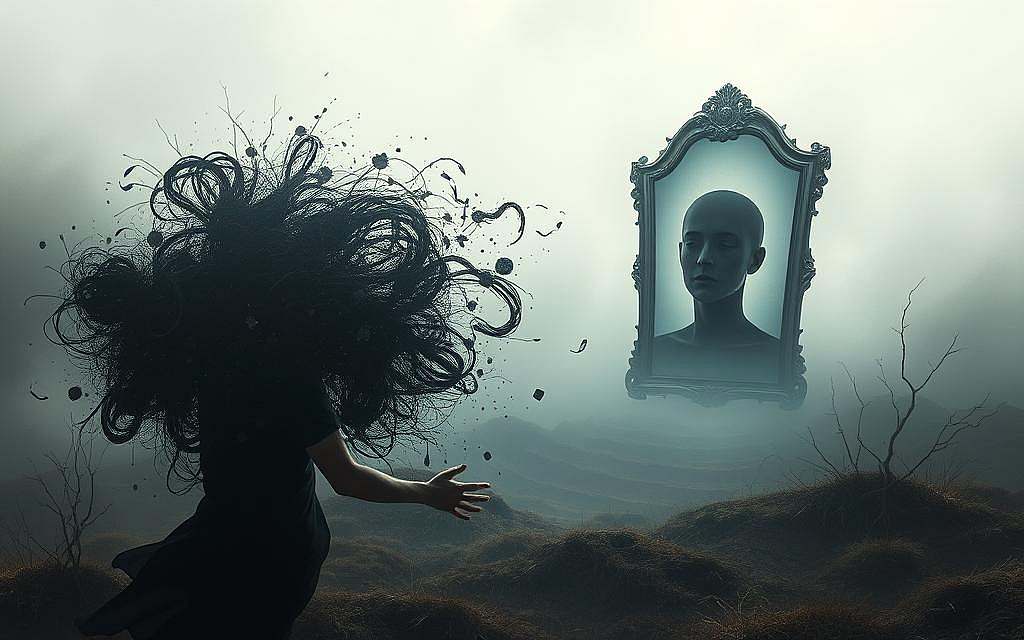 A surreal, dreamlike landscape depicting the psychological mechanism of repression. In the foreground, a shadowy figure appears to be pushing away a swirling mass of memories and emotions, symbolizing the subconscious process of forgetting. The middle ground features a fractured, distorted mirror reflecting a distorted self-image, suggesting the impact of repression on one's sense of identity. The background is shrouded in a hazy, ethereal mist, conveying the elusive and uncertain nature of the subconscious. Soft, muted lighting creates an atmosphere of introspection and melancholy. The overall composition evokes the complex and often unseen workings of the psyche as a means of psychological self-protection.