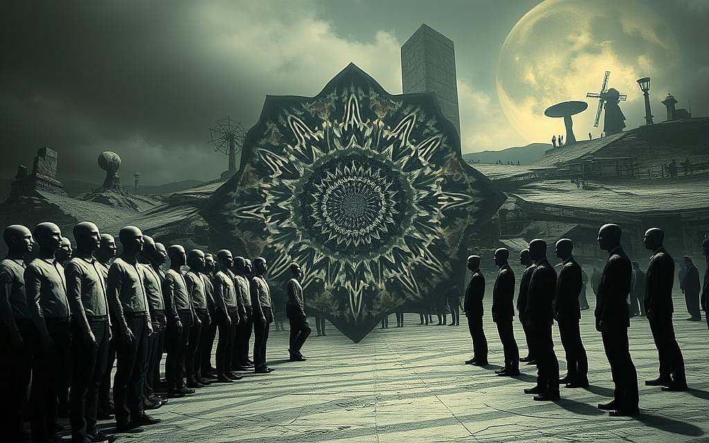 A surreal, dreamlike scene depicting the societal norms and values that govern our behavior within groups. In the foreground, a group of faceless, monochrome figures stands rigidly, their movements constrained by the invisible forces of conformity. The middle ground features a kaleidoscope of distorted shapes and patterns, representing the complex web of social expectations and pressures. In the background, a dimly lit, dystopian landscape stretches out, hinting at the broader cultural and systemic factors that shape our collective experience. The lighting is soft and muted, casting a sense of melancholy and introspection. The overall composition evokes a powerful sense of the invisible, yet pervasive, influence of societal norms on our individual and group dynamics.