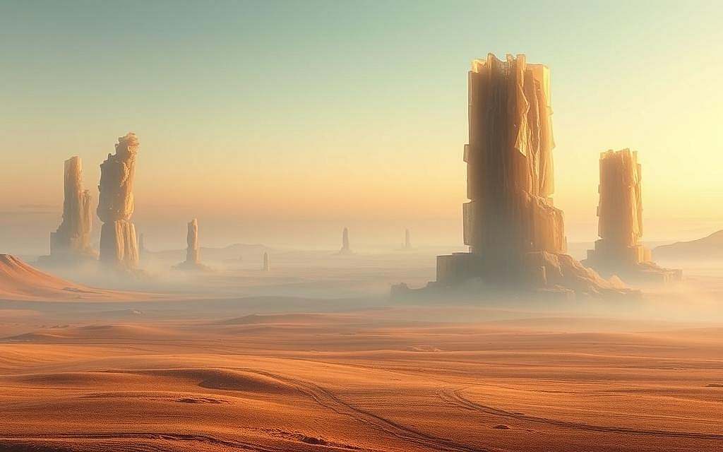 A surreal landscape depicting the concept of Zeitlichkeit (temporality). In the foreground, a vast, open expanse with a shifting, ephemeral quality, evoking the fluid nature of time. Amidst this, towering, monolithic structures made of translucent, layered materials that seem to both anchor and dissolve into the scene, representing the tangible and intangible aspects of being and consciousness. The middle ground features a distant, hazy horizon, blending seamlessly with the sky, suggesting the infinite possibilities and the liminal space between past, present, and future. Subtle, warm lighting casts a contemplative, almost spiritual atmosphere, inviting the viewer to ponder the nature of existence and the human experience of time. The overall composition conveys a sense of depth, balance, and a dreamlike, philosophical quality.