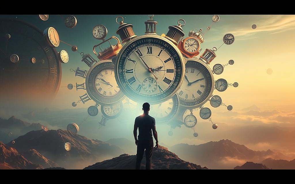 A surreal landscape of fragmented time, with shimmering layers of consciousness. In the foreground, a glowing, ethereal figure appears to be in a state of deep contemplation, their form blending seamlessly with the shifting planes of reality. The middle ground is a kaleidoscope of distorted temporal markers, clocks, and calendars, each one flickering and drifting, creating a sense of disorientation. The background is a vast, dreamlike expanse, with hazy horizons and a subtle, warm lighting that casts a contemplative glow over the entire scene. The overall mood is one of introspection, the experience of time as a subjective, psychological phenomenon.