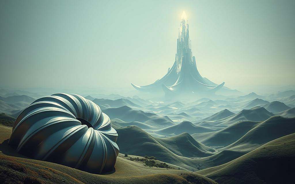 A surreal landscape of organic, biomorphic forms inspired by the visionary principles of Viktor Schauberger. In the foreground, a mysterious, flowing structure resembling a turbine or vortex, its surfaces shimmering with iridescent hues. The middle ground features undulating hills and valleys, their contours suggesting natural energy pathways. In the distance, a towering, crystalline structure rises, casting an otherworldly glow over the scene. The lighting is soft and diffuse, creating a sense of tranquility and wonder. The overall atmosphere evokes a harmonious integration of technology and nature, hinting at the sustainable, energy-efficient future envisioned by Schauberger.