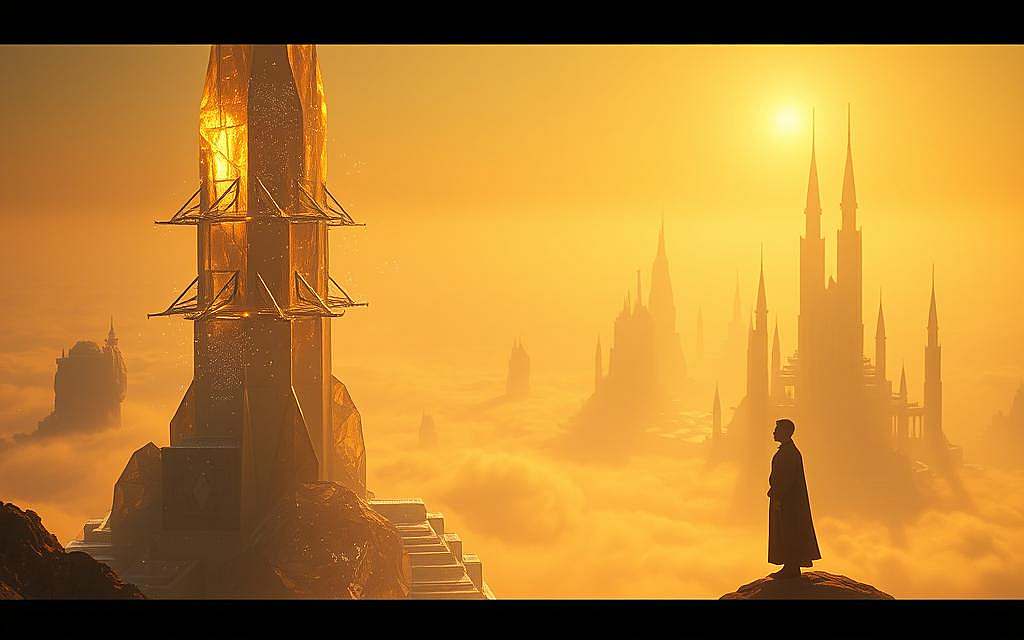 A surreal landscape of the future, bathed in a warm, golden glow. In the foreground, a towering, crystalline structure emerges, its faceted surfaces reflecting the ethereal light. Mysterious, holographic projections dance across its surface, hinting at hidden knowledge and unseen realms. In the middle ground, a levitating figure, their form obscured by a shimmering aura, gazes intently into the distance, their expression serene and contemplative. The background fades into a dreamlike vista, where towering spires and floating islands drift in a hazy, otherworldly sky. The scene radiates a sense of wonder, possibility, and the untapped potential of human consciousness.
