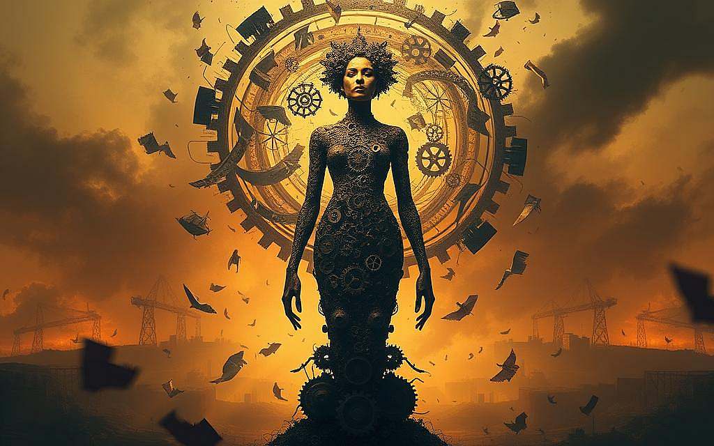 A surreal visual exploration of gender and power structures. In the foreground, a towering, androgynous figure composed of interlocking gears and cogs, symbolizing the complex machinery of societal norms. The figure's face is obscured, representing the objectification and loss of individual identity. Surrounding the central form, a swirling vortex of abstract shapes and fragments, hinting at the ever-shifting power dynamics that define gender roles. In the background, a dimly lit, industrial landscape, conveying a sense of oppression and constraint. Warm, amber lighting casts long shadows, creating an atmosphere of unease and tension. The entire scene is imbued with a sense of disquiet and unease, challenging the viewer to question the invisible structures that shape our perceptions of gender and power.