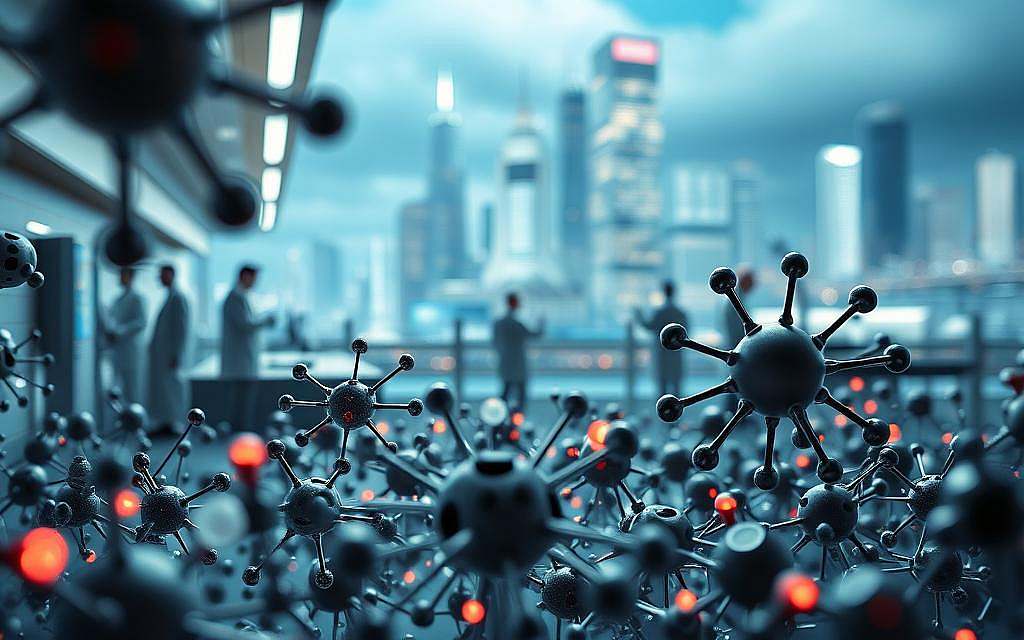 A thought-provoking scene of nanotechnology's power and complexity. In the foreground, a microscopic world unfolds - intricate molecular structures, graceful nanorobots, and glowing quantum dots. The middle ground reveals a futuristic laboratory, where scientists in white coats meticulously manipulate these tiny building blocks. In the background, a cityscape of gleaming skyscrapers and bustling activity, hinting at the broader societal implications of this emerging field. The lighting is soft and diffused, creating an atmosphere of contemplation and awe. Captured through the lens of a high-resolution microscope, this image invites the viewer to consider the ethical challenges and public perceptions surrounding the transformative potential of nanotechnology.