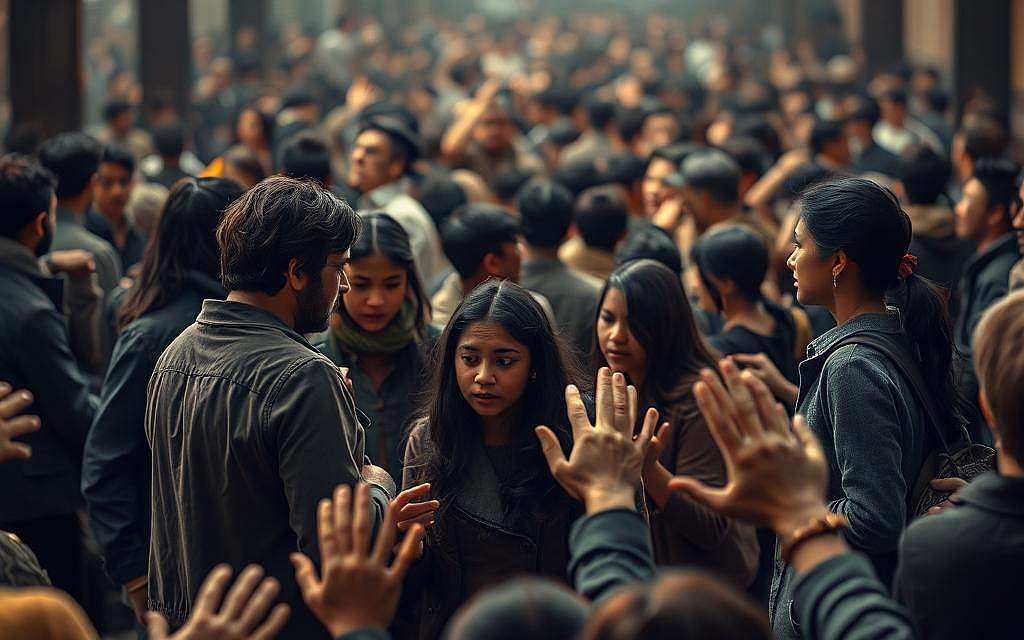 A thought-provoking scene of social psychology and human curiosity. In the foreground, a small group of people stand huddled together, their faces etched with a mix of intrigue and hesitation. Their body language suggests a delicate balance between the desire to know and the awareness of personal boundaries. The middle ground depicts a larger crowd, each individual lost in their own world of contemplation, hands reaching out as if to grasp the answers they seek. The background is softly blurred, hinting at the larger societal context that shapes our collective curiosity. Warm, muted tones evoke a sense of introspection, while subtle shadows and highlights add depth and dimension to the scene. The overall atmosphere is one of thoughtful exploration, inviting the viewer to ponder the complex social dynamics at play.