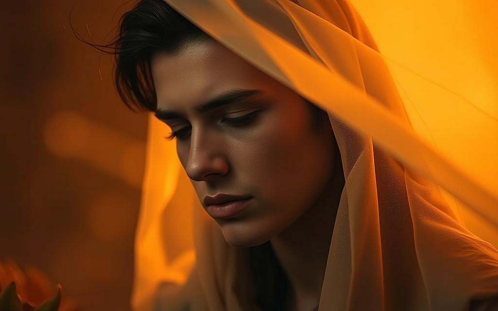 A thoughtful, introspective portrait of a person engaged in deep contemplation, set against a warm, ethereal backdrop. Soft, indirect lighting illuminates their face, conveying a sense of inner exploration and discovery. The subject's gaze is pensive, eyes turned inward as they navigate the complexities of understanding and meaning-making. Wisps of mist or translucent fabric drift around them, symbolizing the intangible nature of hermeneutics and the search for spiritual significance. The composition is balanced, drawing the viewer's focus to the central figure's meditative expression. Hints of natural elements, such as gentle foliage or a distant horizon, suggest a grounding in the material world even as the mind ventures into realms of interpretation and insight.