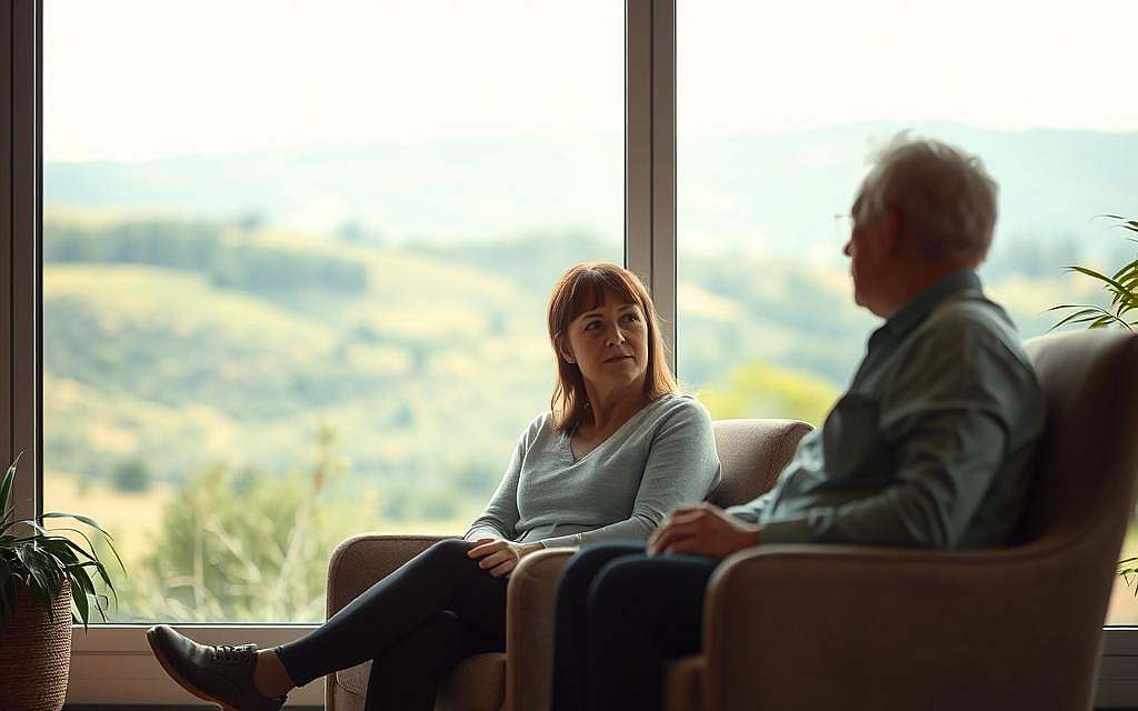 A thoughtful, serene scene of a methadone therapy session in a tranquil, natural setting. In the foreground, a patient sitting comfortably in a cushioned chair, their expression calm and contemplative. Beside them, a therapist listening intently, their body language conveying empathy and care. Soft, indirect lighting filters through large windows, casting a warm, healing glow. In the background, a serene landscape of rolling hills and lush greenery, hinting at the restorative power of nature. The overall mood is one of quiet introspection, compassion, and the possibility of positive change. A visually striking yet sensitive depiction of the ethical considerations surrounding methadone therapy.