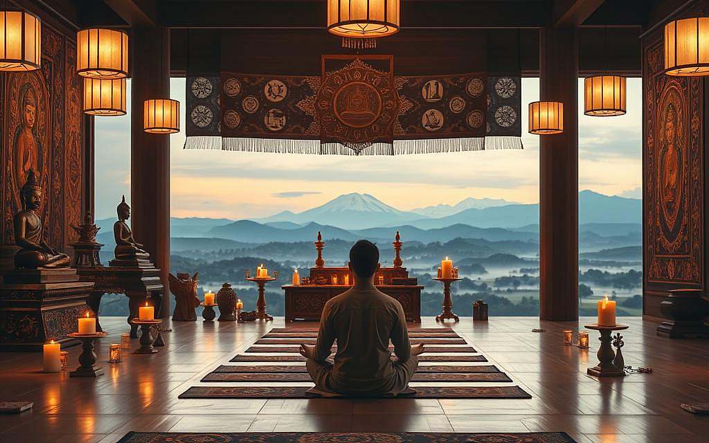 A tranquil Buddhist meditation hall, lit by warm, diffused lighting from overhead fixtures. In the foreground, a practitioner sits cross-legged on a cushion, their eyes closed in deep contemplation, surrounded by ornate Buddhist statues and intricate tapestries depicting mandalas and symbolic motifs. The middle ground features an altar adorned with flickering candles, incense, and offerings, while the background showcases a serene landscape of rolling hills and a distant, snow-capped mountain range. The atmosphere is one of profound stillness and spiritual focus, inviting the viewer to join the practitioner on the path to enlightenment.