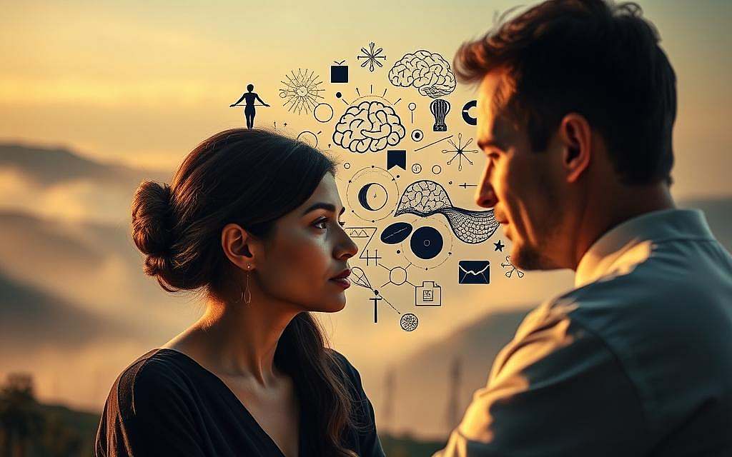 A tranquil, contemplative scene depicting the nuanced interplay of Hermeneutics in psychotherapy. In the foreground, a therapist and client engage in a profound dialogue, their faces reflecting deep understanding and empathy. The middle ground features an array of psychological concepts and symbols, including Jungian archetypes and Freudian motifs, subtly intertwined. The background is a softly-lit, ethereal landscape, with wisps of mist and a sense of timelessness, evoking the philosophical and spiritual underpinnings of the hermeneutic approach. The lighting is warm and diffused, creating an atmosphere of introspection and insight. The overall composition is balanced and harmonious, conveying the essence of the "Hermeneutische Ansätze in der Psychotherapie" with clarity and resonance.