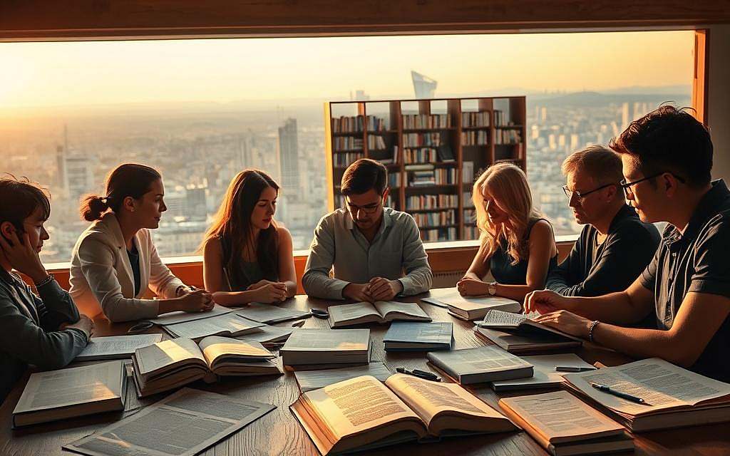 A tranquil, contemplative scene depicting the societal implications of hermeneutics. In the foreground, a group of people engaged in deep discussion, their faces illuminated by soft, warm lighting. Overlapping textbooks, journals, and papers scattered on a wooden table, symbolizing the exchange of ideas. In the middle ground, a towering bookshelf filled with volumes on philosophy, psychology, and the humanities, hinting at the depth of knowledge and understanding being explored. The background features a panoramic view of a bustling city, suggesting the far-reaching impact of hermeneutics on society. The overall mood is one of intellectual curiosity, collaboration, and the pursuit of collective understanding.
