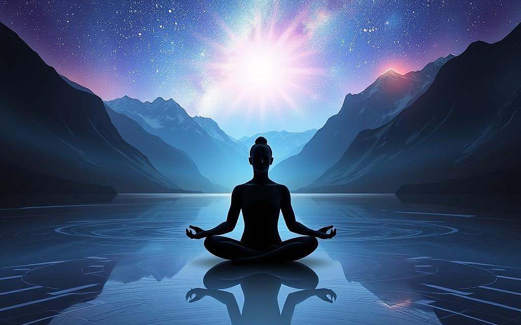 A tranquil, ethereal landscape depicting the journey towards self-realization. In the foreground, a serene figure sits in a lotus position, their eyes closed in deep meditation, radiating an aura of inner peace. The middle ground features a gently flowing river, its surface reflecting the vast, starry sky above. In the background, towering mountains rise, their peaks capped with glowing, otherworldly light, symbolizing the ascent towards higher consciousness. The overall atmosphere is one of stillness, contemplation, and the dissolution of the illusory self, guiding the viewer towards the realization of the true, infinite nature of the self.